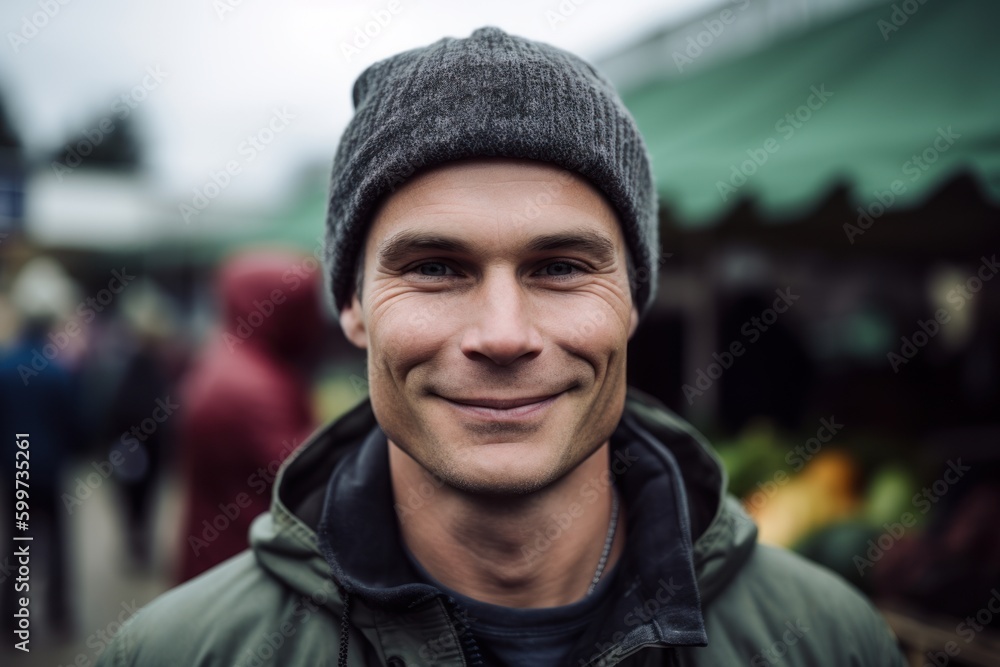 Close-up portrait photography of a grinning man in his 30s wearing a comfortable tracksuit against a farm market or harvest background. Generative AI Close-up portrait photography of a grinning man in his 30s wearing a comfortable tracksuit against a farm market or harvest background. Generative AI