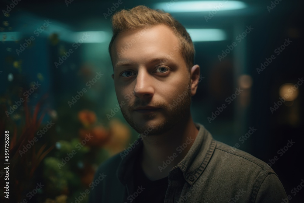 Portrait of a young man looking at the camera in the aquarium Portrait of a young man looking at the camera in the aquarium