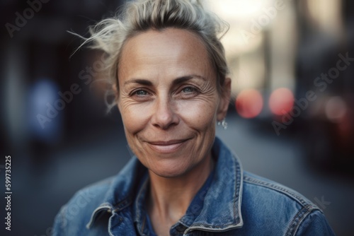 Portrait of smiling mature woman in jeans jacket outdoors in the city