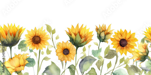 Fotografie, Obraz Sunflower Watercolor Style Footer Border Seamless Tile Isolated on Transparent B