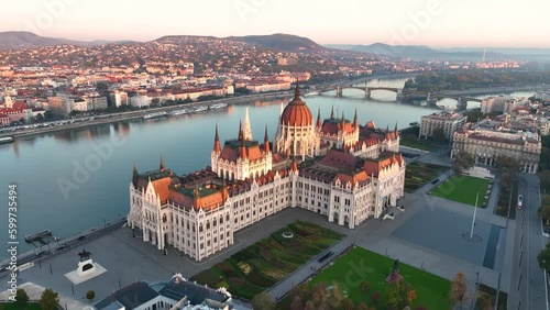 Aerial view of Budapest Parliament Building. Hungary Capital Cityscape at sunrise. Travel, tourism and European Political Landmark Destination