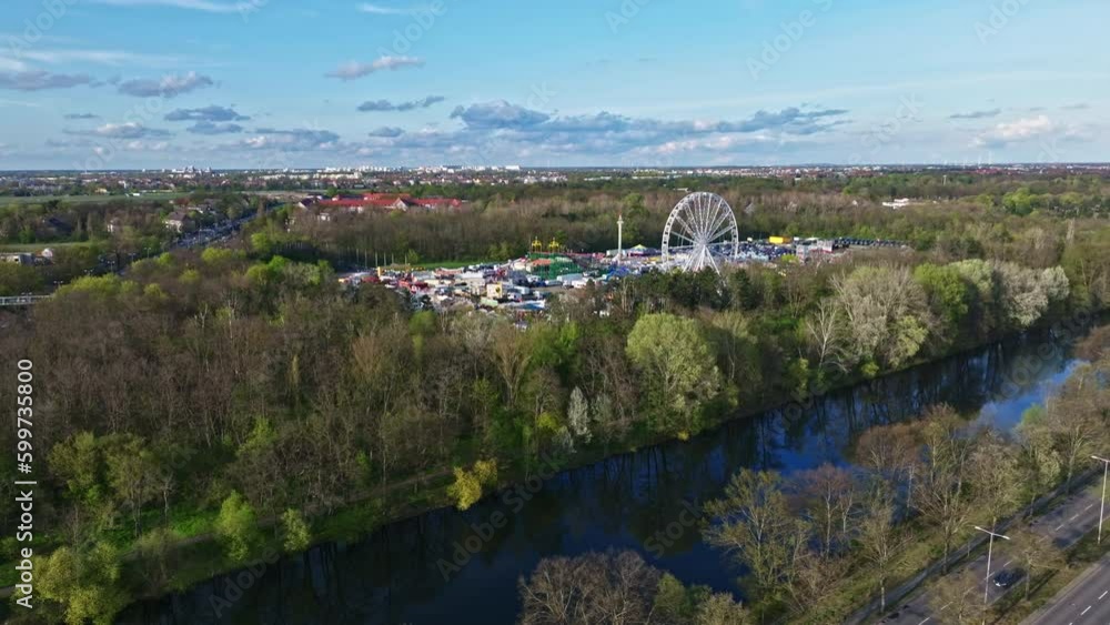 Drone shot of Amusement Park in the Zentrale Festplatz Berlin ( Central fairground Berlin ) , it is a site for holding outdoor events . The fairground is located in the Berlin district of Wedding . Drone shot of Amusement Park in the Zentrale Festplatz Berlin ( Central fairground Berlin ) , it is a site for holding outdoor events . The fairground is located in the Berlin district of Wedding .