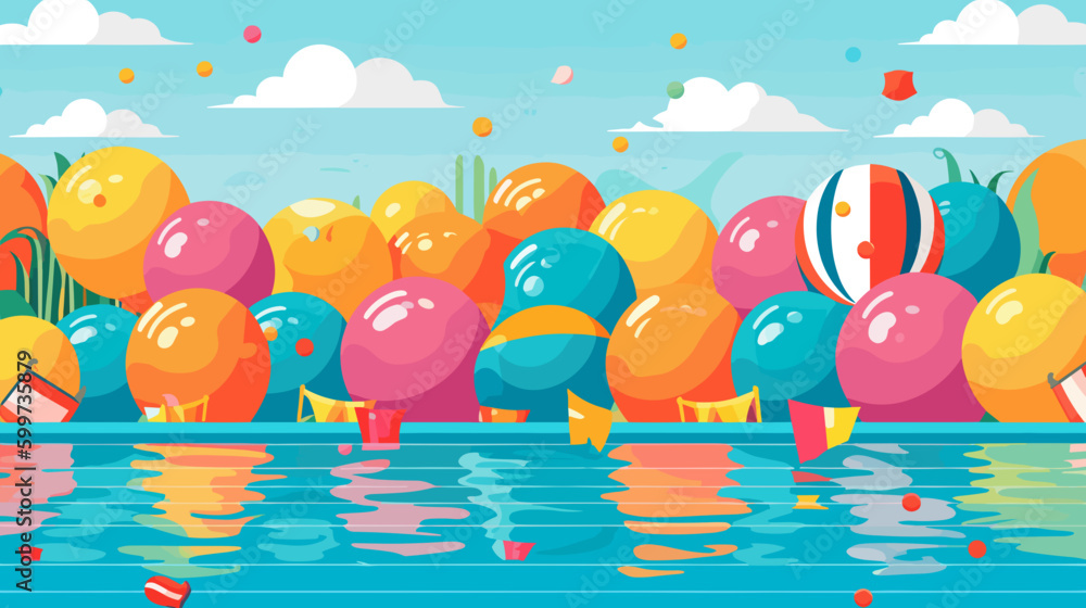 pool party with colorful floats and beach balls
