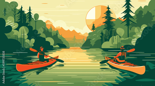 people kayaking on a river with lush greenery