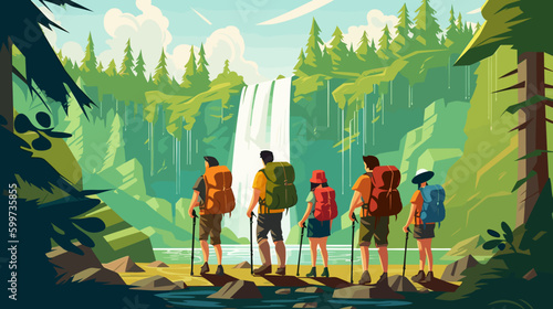 group of friends hiking in a forest with a waterfall in the background