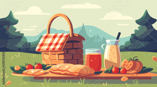picnic in a meadow, with a checkered blanket and a basket of food