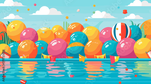 pool party with colorful floats and beach balls