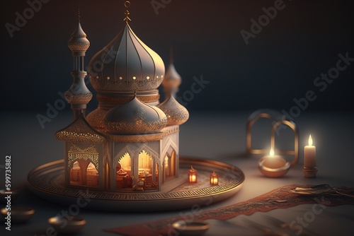 Eid Al Adha - Islamic Feast, Greeting Card, Blessed Sacrifice Feast. Ramadan and Eid greeting. Islamic celebration of the end of the Hajj, ommemoration of Ibrahim,shepherd sheep, lamb. Generative AI photo