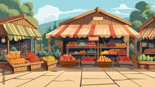 farmer's market with stalls of fresh fruits and vegetables