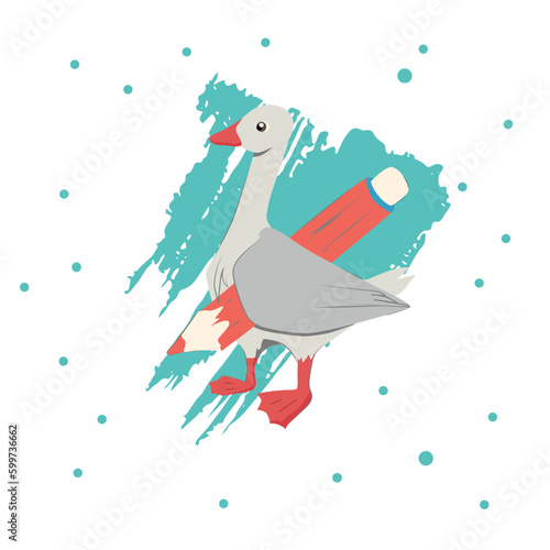 Grey Goose Student Character with pencil. Back to School. Children illustration. Winter holidays. Vector illustration.