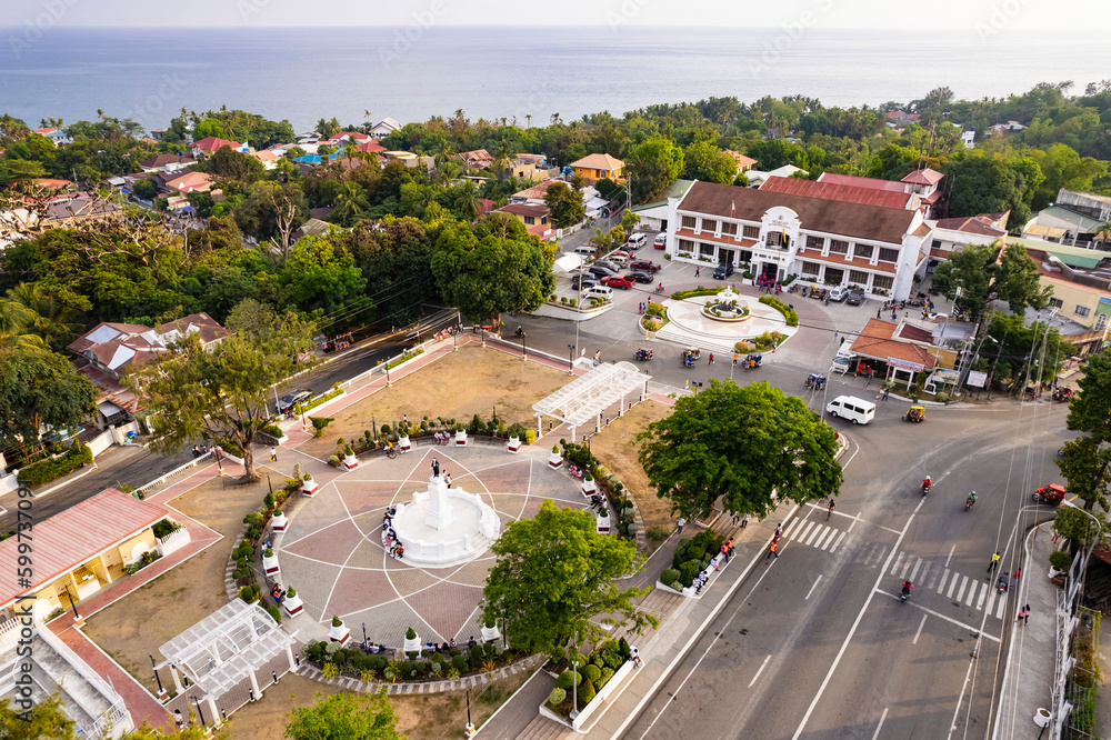Miagao, Iloilo, Philippines - Aerial of the town hall and plaza square.