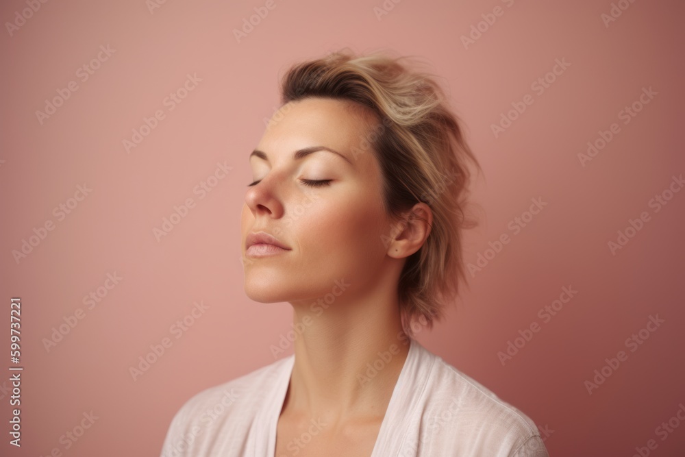 Portrait of a beautiful young woman with closed eyes on a pink background Portrait of a beautiful young woman with closed eyes on a pink background