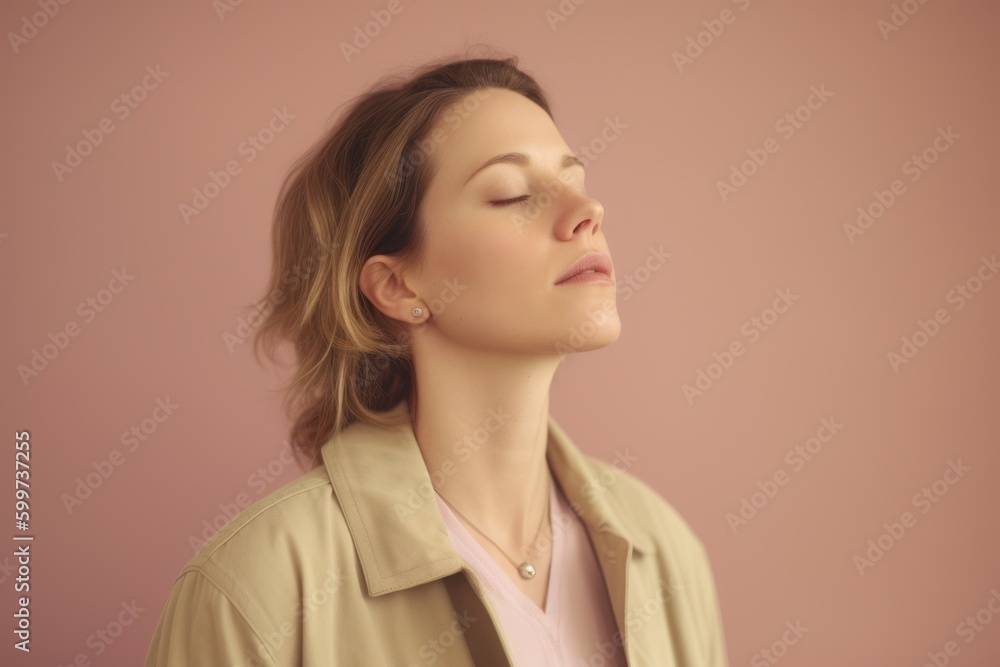 portrait of a young woman with closed eyes on a pink background portrait of a young woman with closed eyes on a pink background