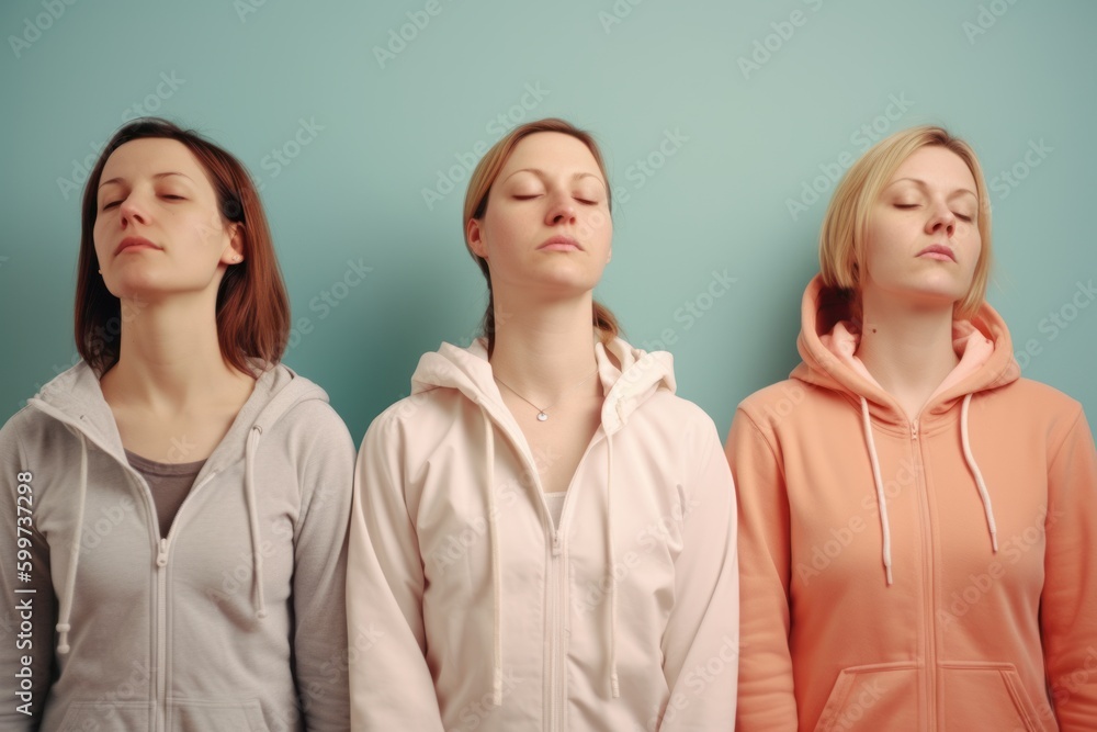Three girls in pink hoodies with closed eyes on a blue background Three girls in pink hoodies with closed eyes on a blue background