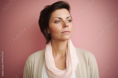 Portrait of a young woman with pink scarf over pink background.