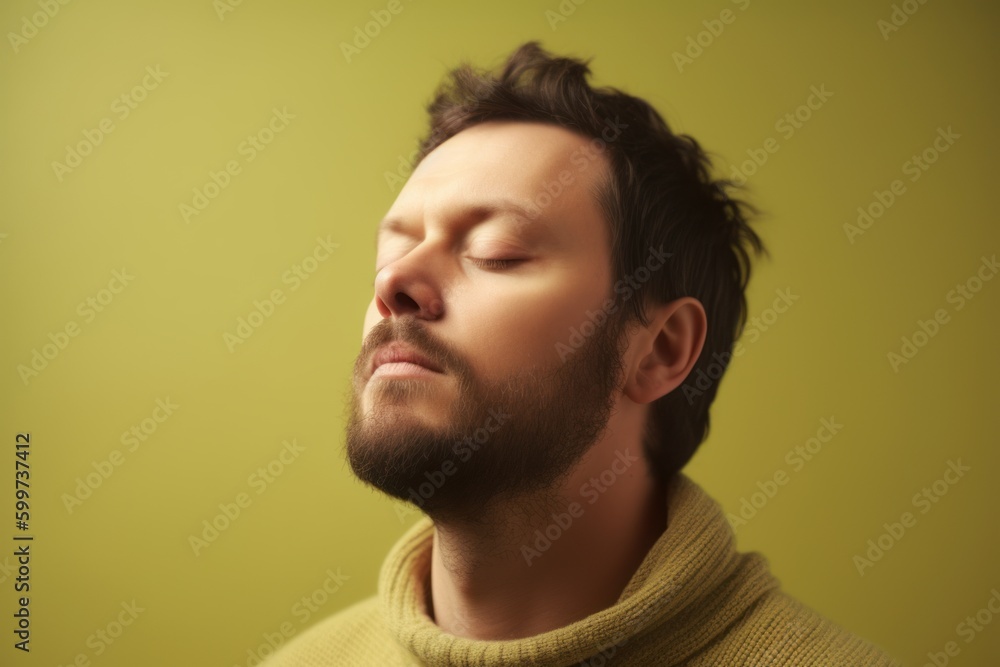 Portrait of a young man with closed eyes on a green background Portrait of a young man with closed eyes on a green background