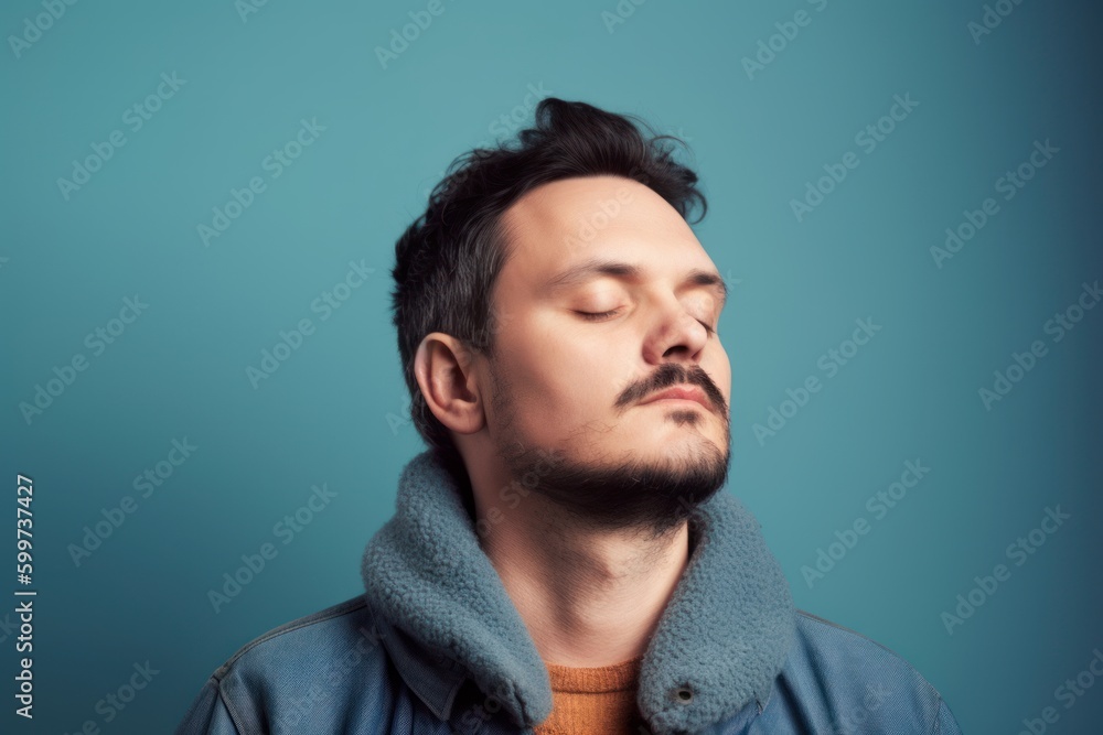 Young asian man in blue jacket with closed eyes. Blue background Young asian man in blue jacket with closed eyes. Blue background