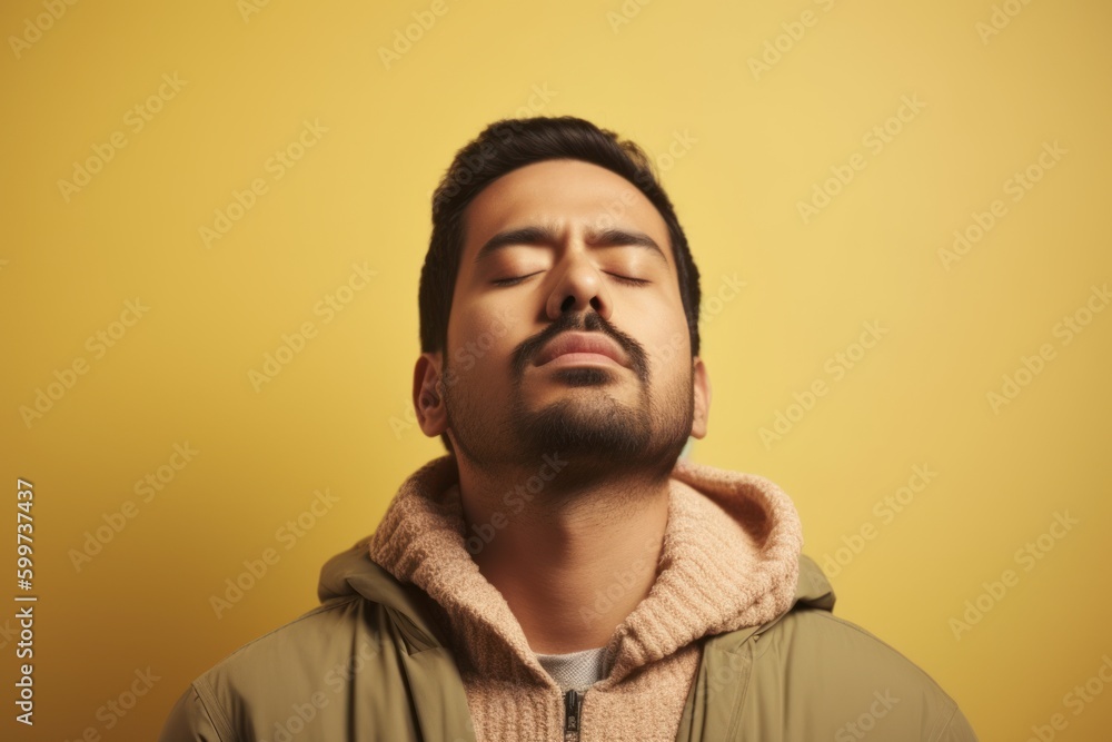 Portrait of a young man in a warm jacket sleeping on a yellow background Portrait of a young man in a warm jacket sleeping on a yellow background