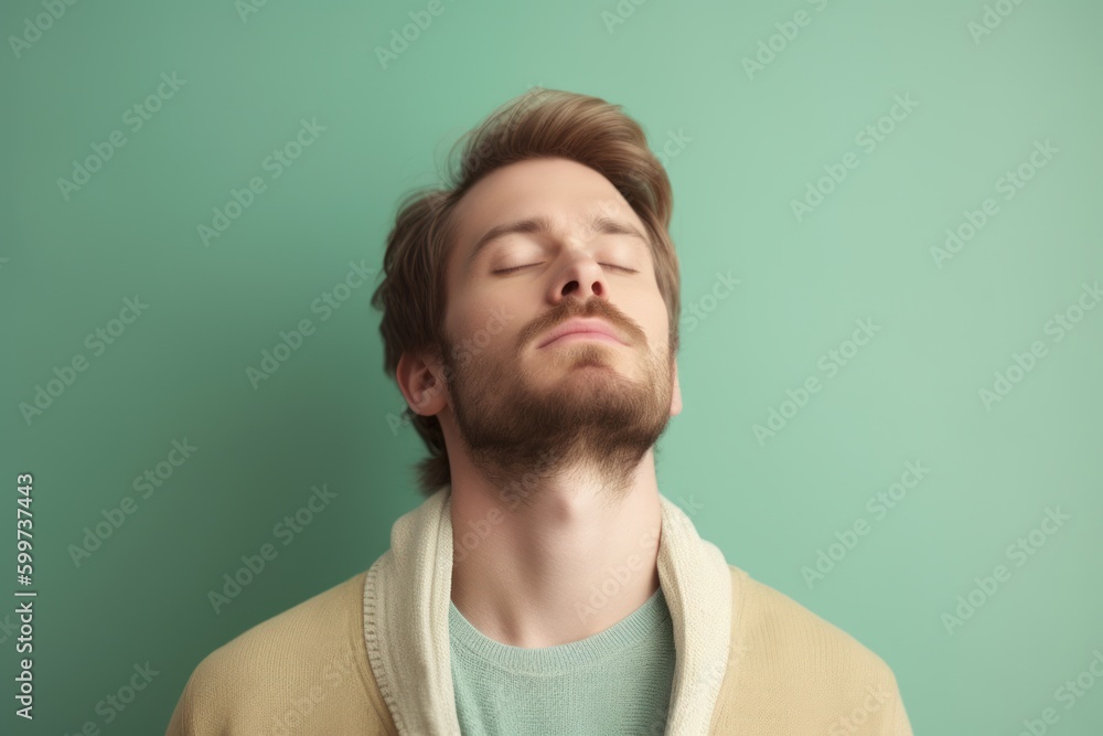 Young man with closed eyes on color background, closeup. Space for text Young man with closed eyes on color background, closeup. Space for text