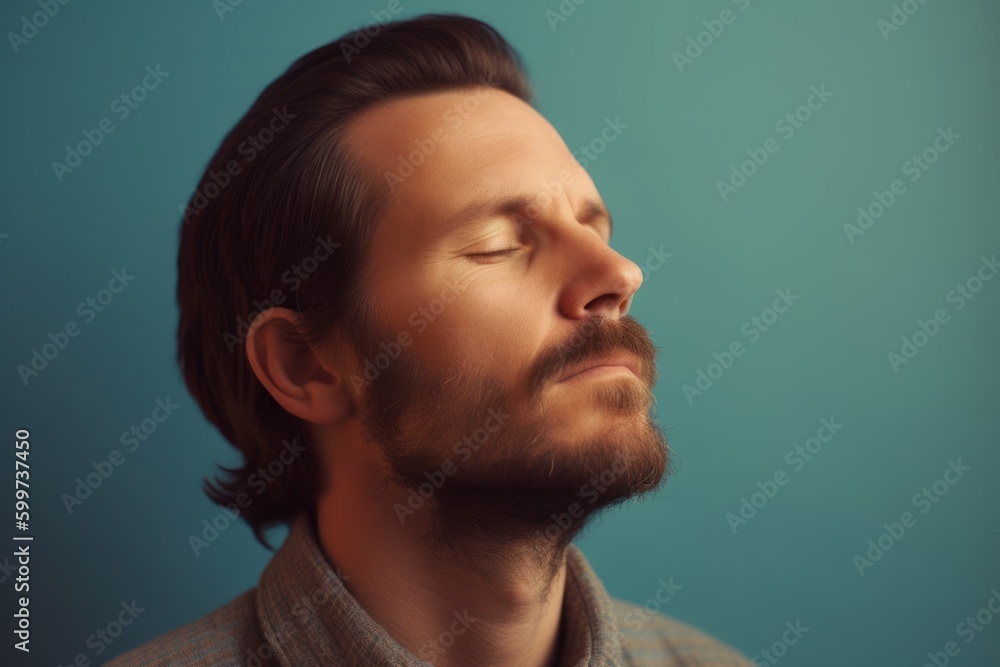 Young handsome bearded man with closed eyes on blue background. Closeup portrait Young handsome bearded man with closed eyes on blue background. Closeup portrait