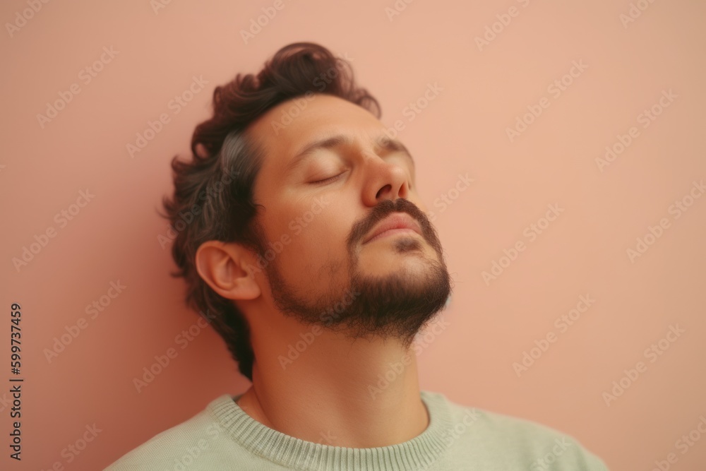 Fototapeta premium Handsome young man with beard and mustache relaxing on pink background