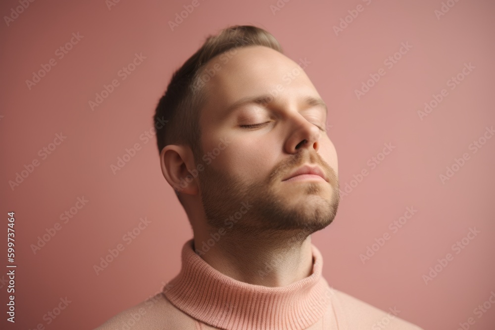 Medium shot portrait photography of a man in his 30s practicing mindfulness, sophrology, relaxation & stress-reduction wearing a cozy sweater on pastel background. Generative AI Medium shot portrait photography of a man in his 30s practicing mindfulness, sophrology, relaxation & stress-reduction wearing a cozy sweater on pastel background. Generative AI