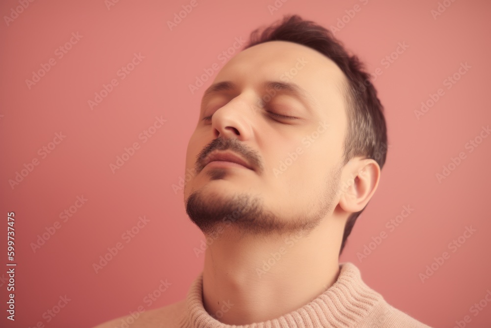 Portrait of a young man with closed eyes on a pink background Portrait of a young man with closed eyes on a pink background
