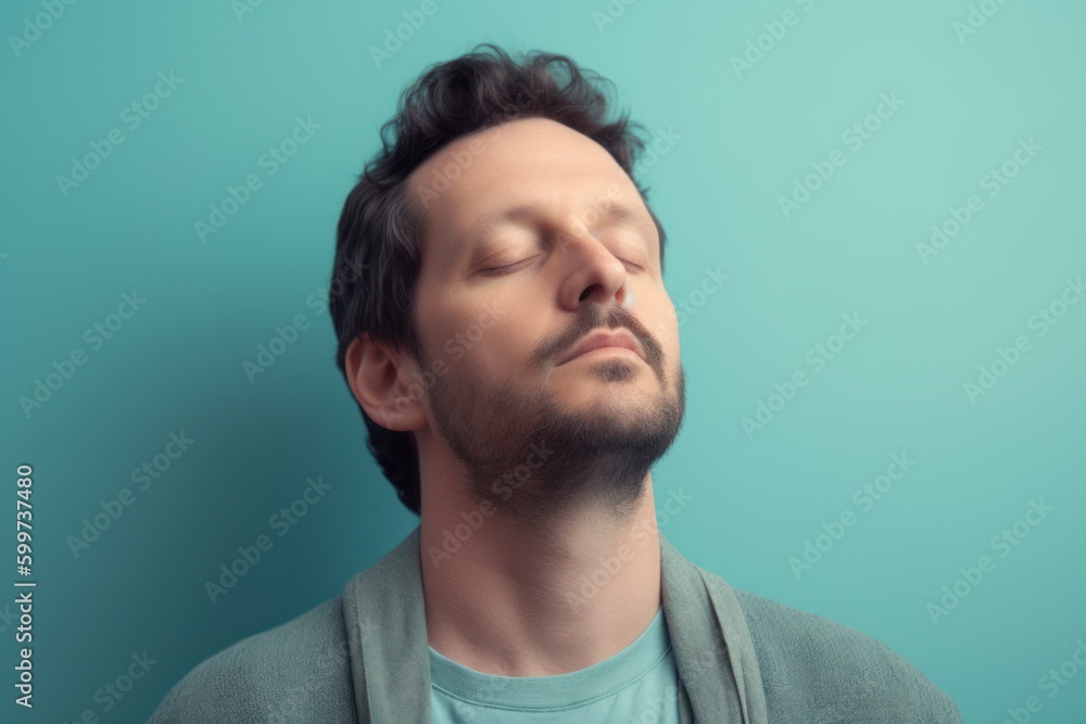Portrait of a young man with closed eyes on a blue background Portrait of a young man with closed eyes on a blue background