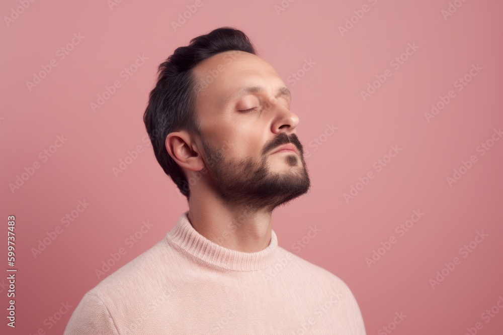 Portrait of a handsome young man with beard and mustache in a pink sweater Portrait of a handsome young man with beard and mustache in a pink sweater
