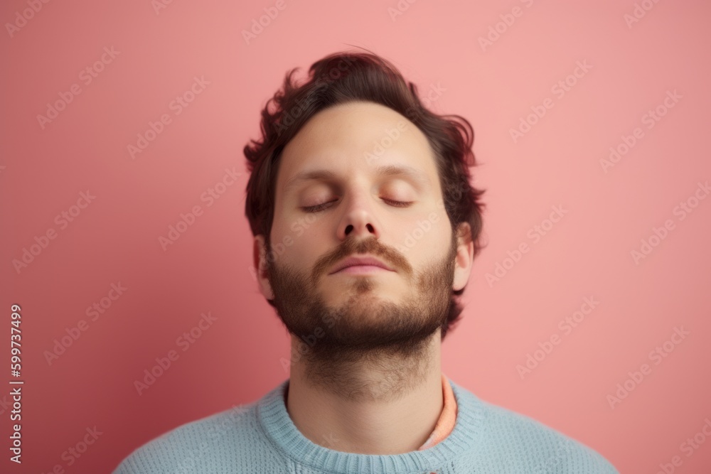 Young man with closed eyes and closed eyes in a blue sweater on a pink background Young man with closed eyes and closed eyes in a blue sweater on a pink background