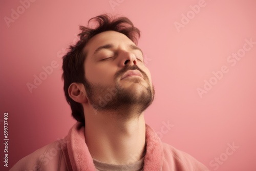 Young man in a pink hoodie sleeping on a pink background.