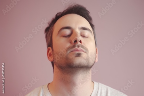 Portrait of a young man with closed eyes on a pink background