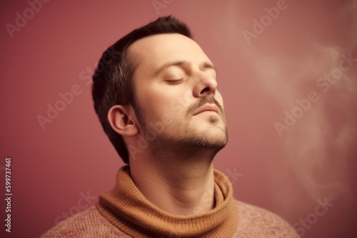 Portrait of a young man in a red sweater on a pink background