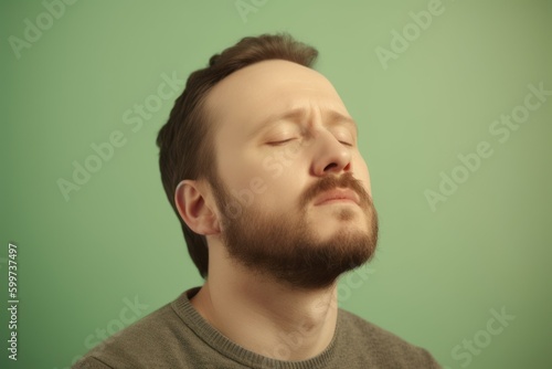 Young man with closed eyes on a green background. Toned.