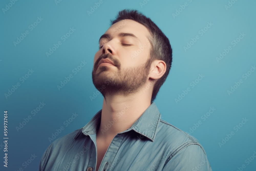 Portrait of a handsome young man with closed eyes on blue background Portrait of a handsome young man with closed eyes on blue background