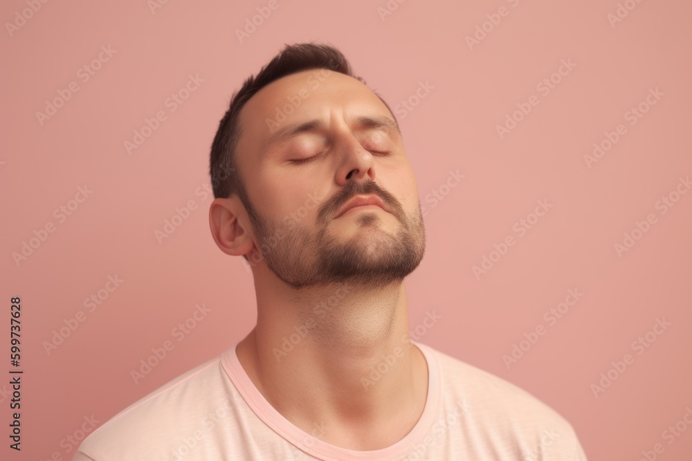 Fototapeta premium Portrait of a young man with closed eyes on a pink background