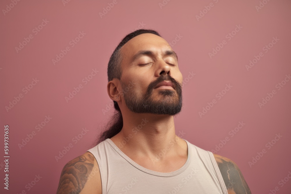 Fototapeta premium Portrait of a man with a beard on a pink background.