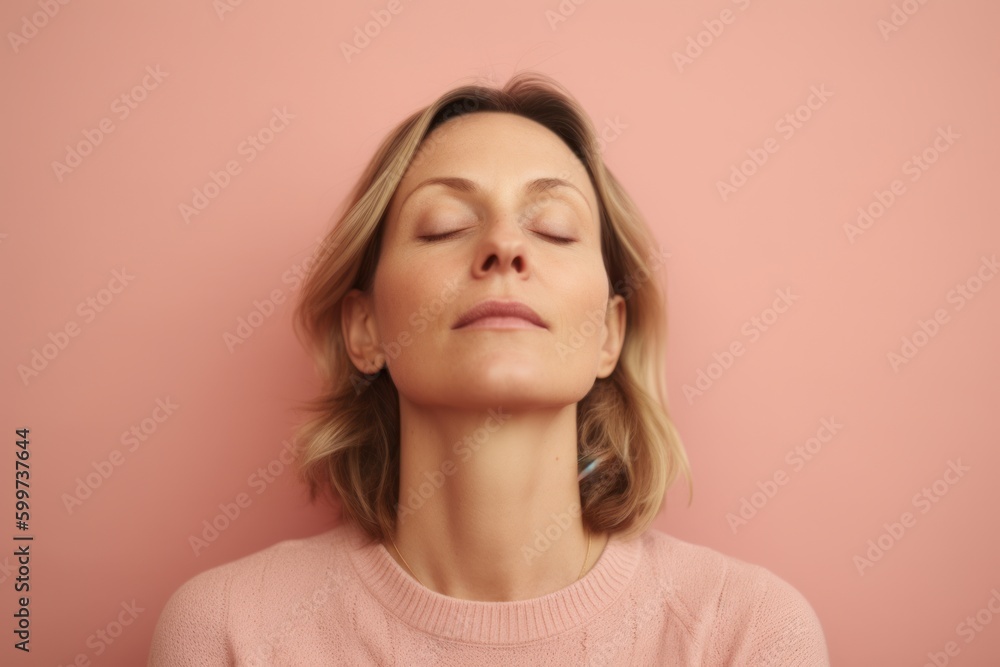 Portrait of a beautiful woman with closed eyes on a pink background Portrait of a beautiful woman with closed eyes on a pink background