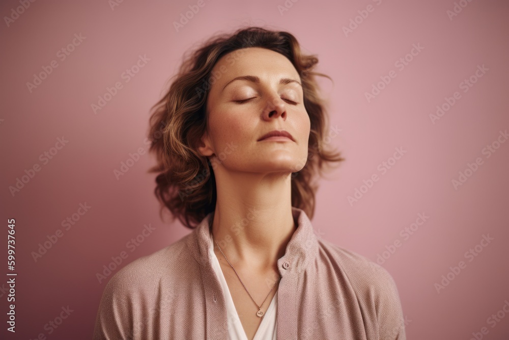 Portrait of a beautiful woman with closed eyes on a pink background Portrait of a beautiful woman with closed eyes on a pink background