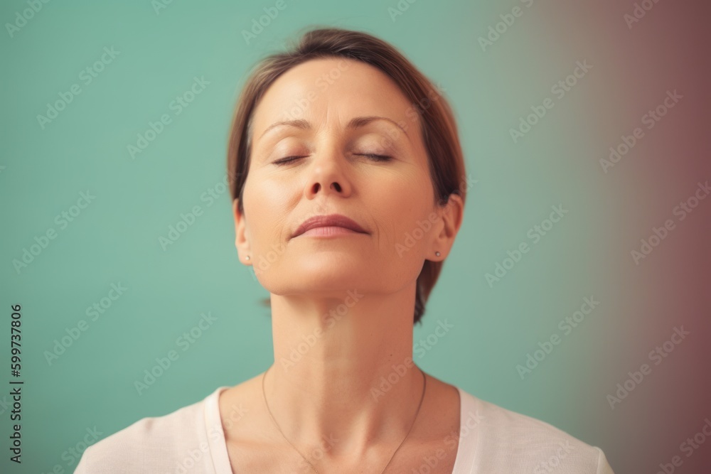 Portrait of a beautiful woman with closed eyes on a blue background Portrait of a beautiful woman with closed eyes on a blue background