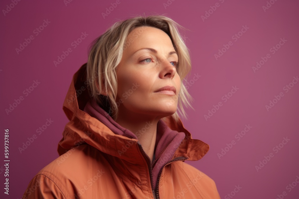 Portrait of a beautiful woman in a warm jacket on a pink background Portrait of a beautiful woman in a warm jacket on a pink background