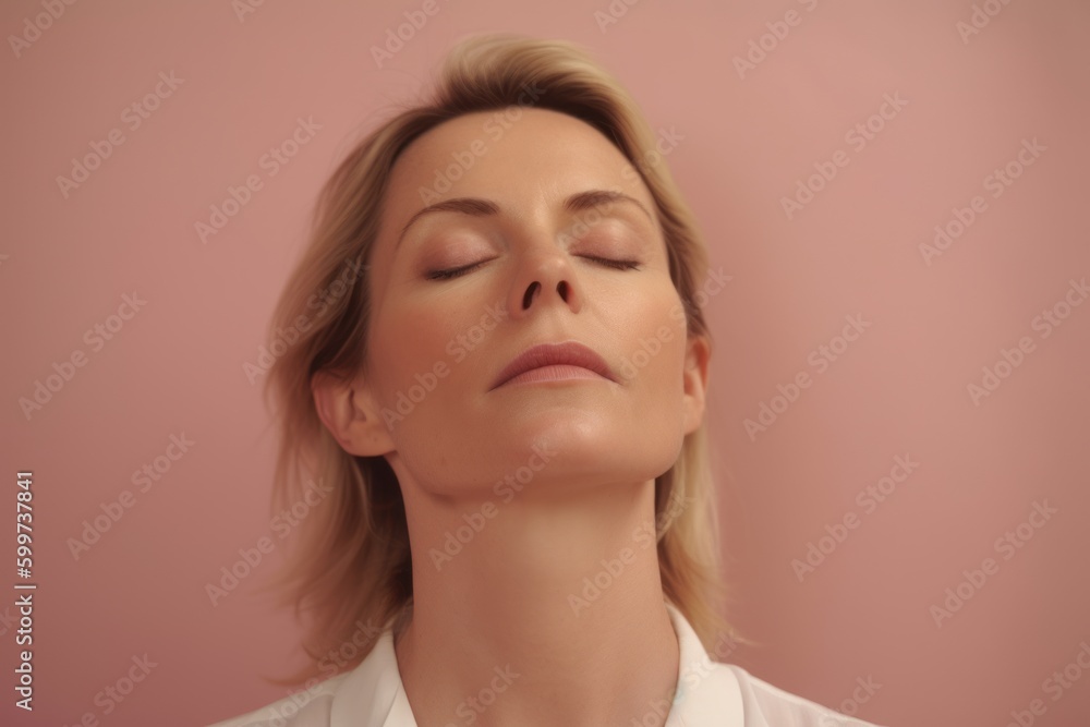 Portrait of a beautiful woman with closed eyes on a pink background