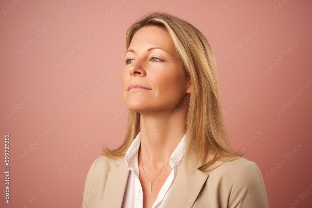 Portrait of a young business woman looking up over pink background. Portrait of a young business woman looking up over pink background.