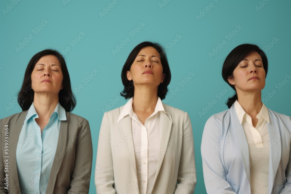 Businesswomen with eyes closed and eyes closed, isolated on blue background Businesswomen with eyes closed and eyes closed, isolated on blue background