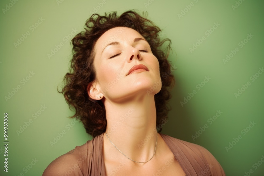 Portrait of a young woman with closed eyes on a green background Portrait of a young woman with closed eyes on a green background