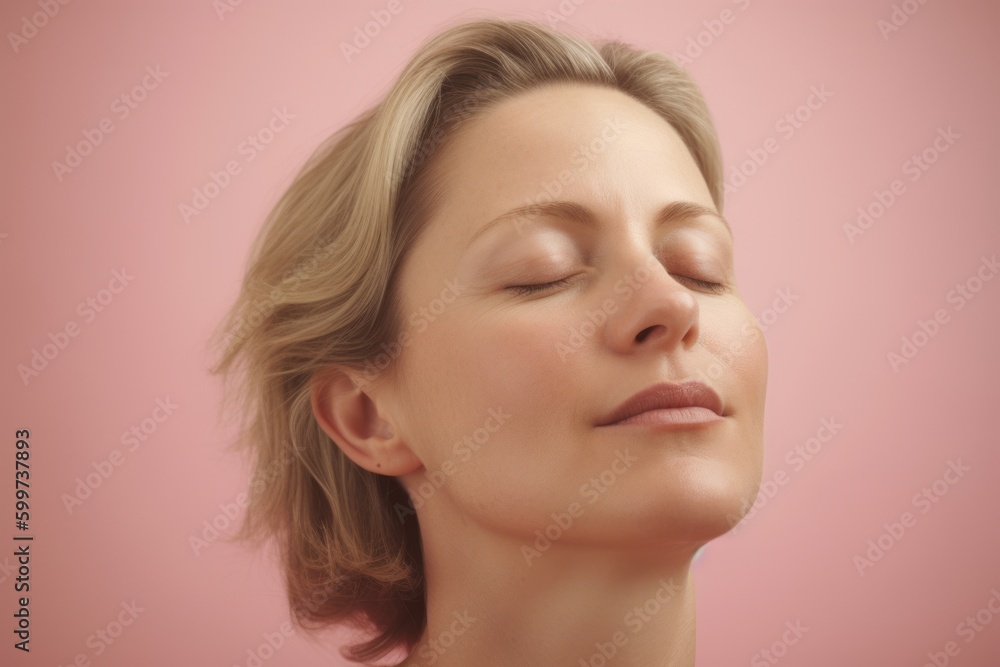Portrait of a beautiful woman with closed eyes on a pink background Portrait of a beautiful woman with closed eyes on a pink background