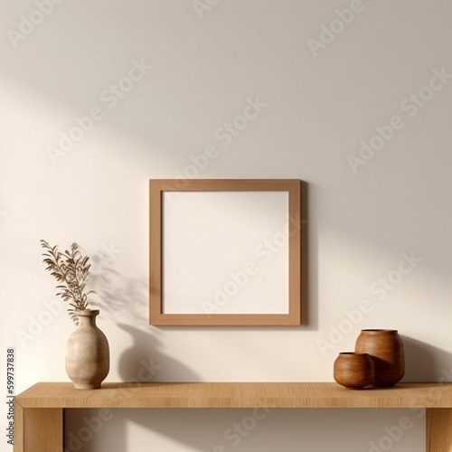 Blank Wood Frame Mock Ups for Art, Prints, and Photos - on Light Background with Wood Table Underneath, Modern Accessories - Generative AI