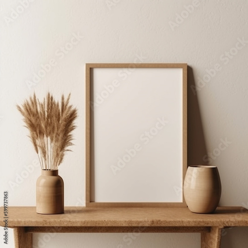 Blank Wood Frame Mock Ups for Art, Prints, and Photos - on Light Background with Wood Table Underneath, Modern Accessories - Generative AI