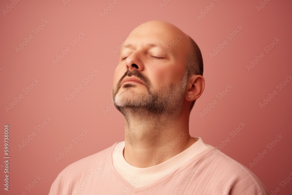 Portrait of a bald man with closed eyes on a pink background Portrait of a bald man with closed eyes on a pink background