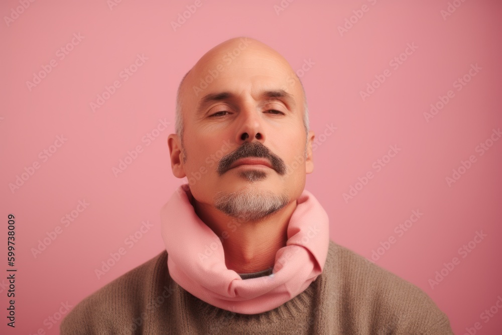 Portrait of a bald man with a beard in a warm sweater on a pink background Portrait of a bald man with a beard in a warm sweater on a pink background